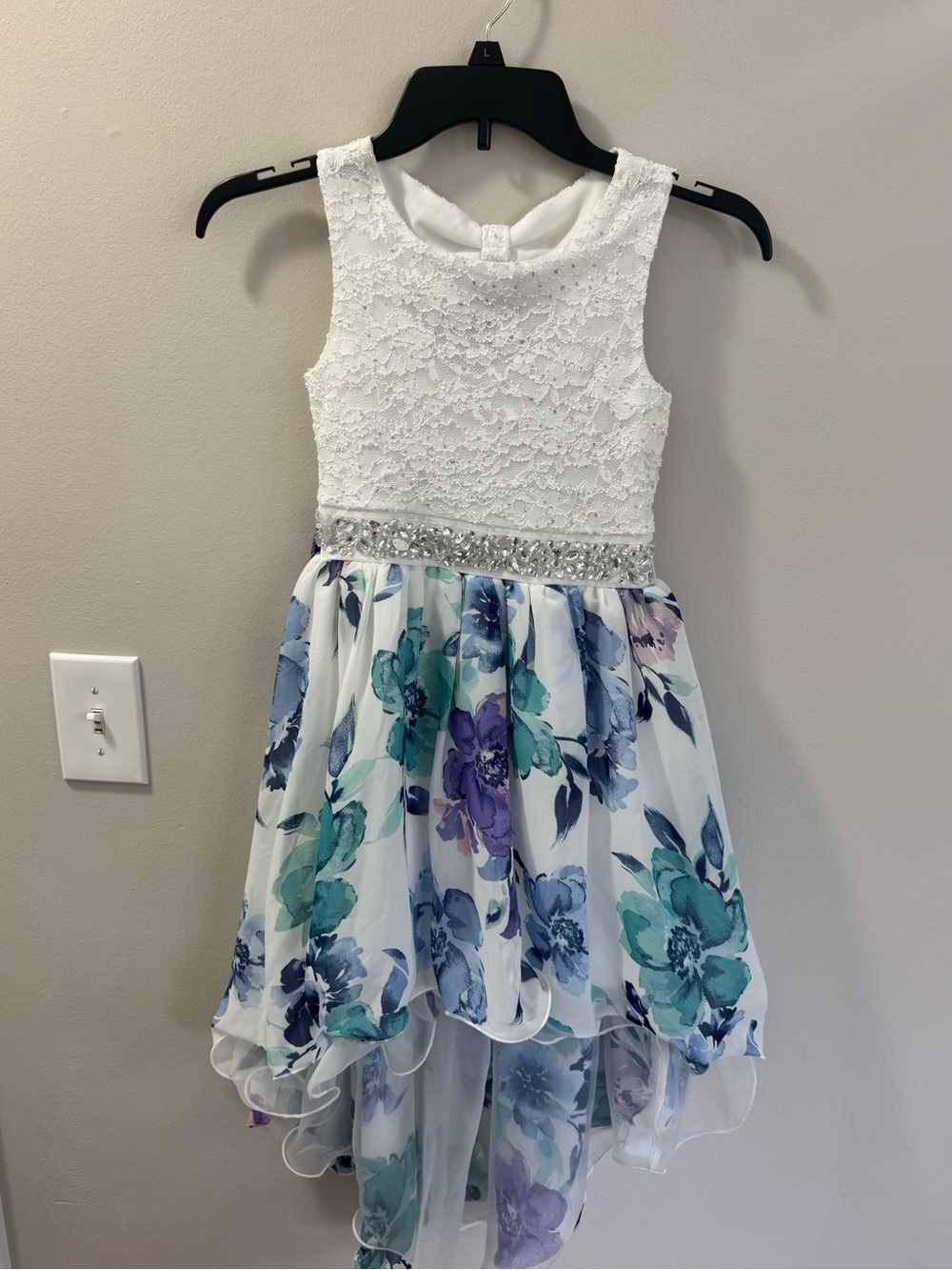 White Lace Bodice Floral High-Low Dress for Girl, Size 7